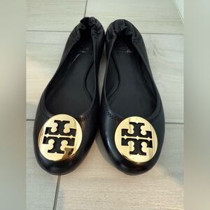 Tory Burch Black Leather Flats with Gold Emblem